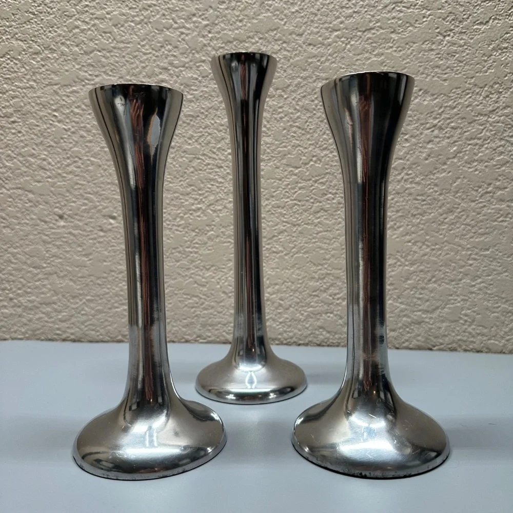 Pottery Barn Set of Three Egg Silver Tone Metal Taper Candle Holders
